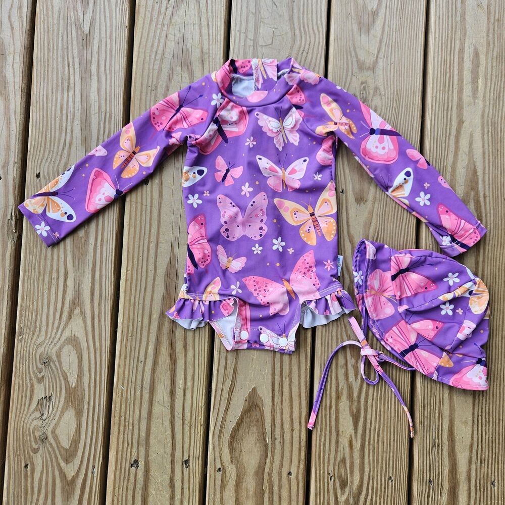 Baby Girl Butterfly Print One Piece Swimsuit & Hat Set 12-18M Ruffle Purple